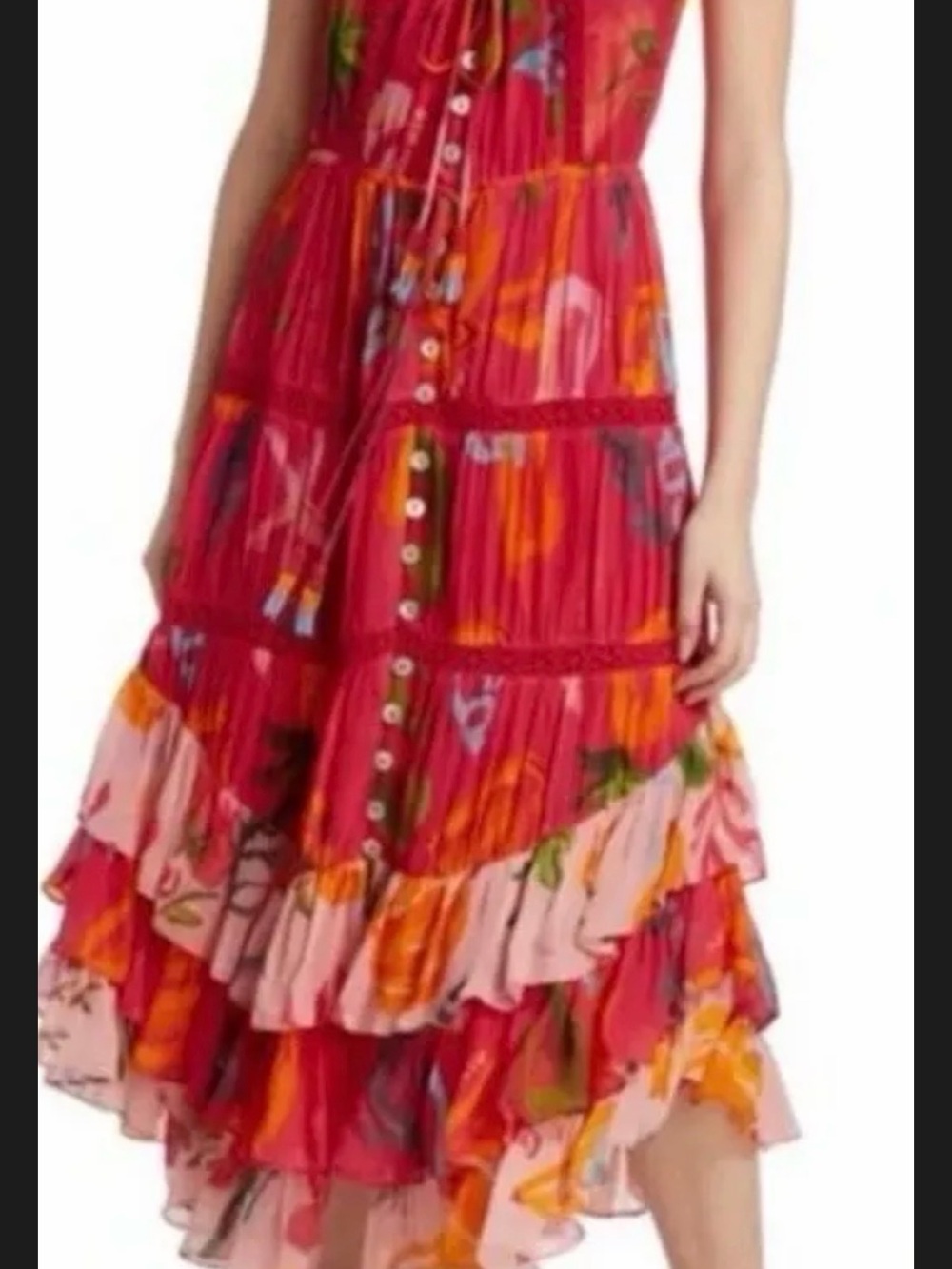 FARM Rio Mixed Fruits Red Floral Tiered Button-Front Midi Dress